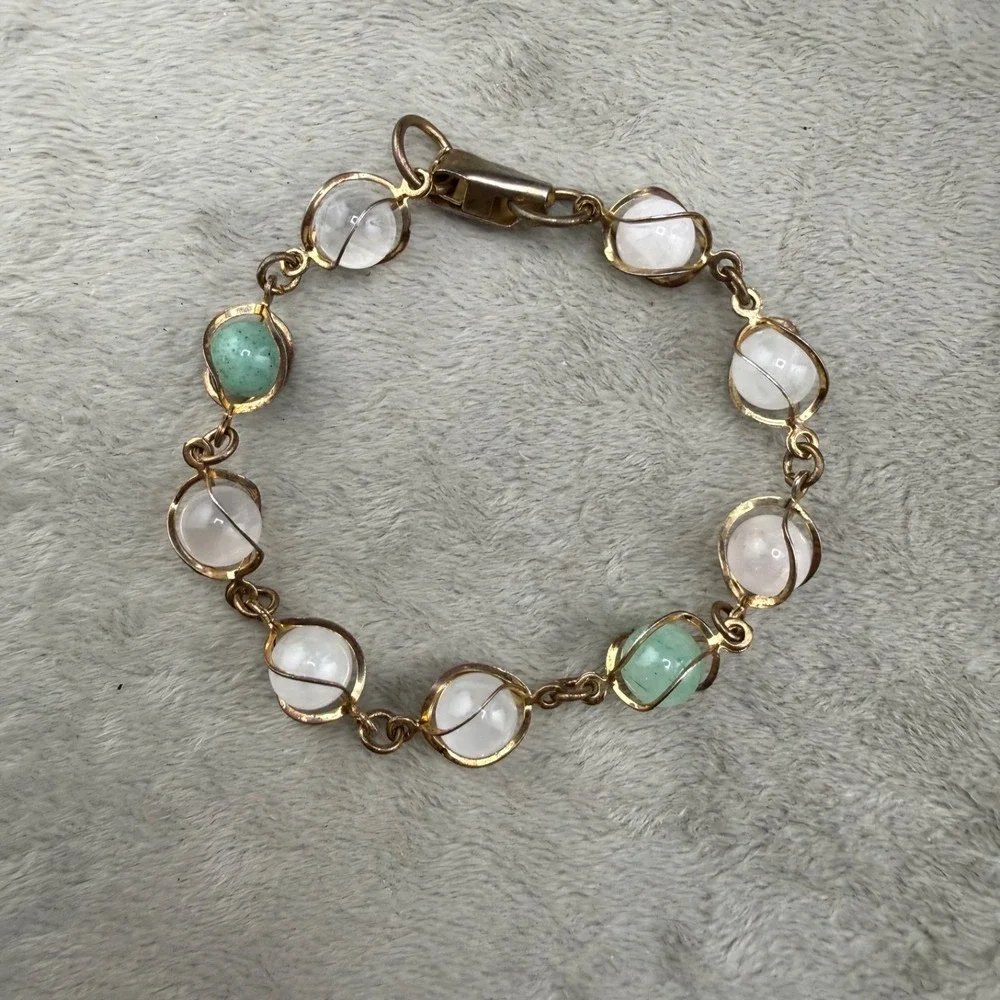 Vintage‎ Stone Bracelet Caged Wire Wrapped Silver Tone  7